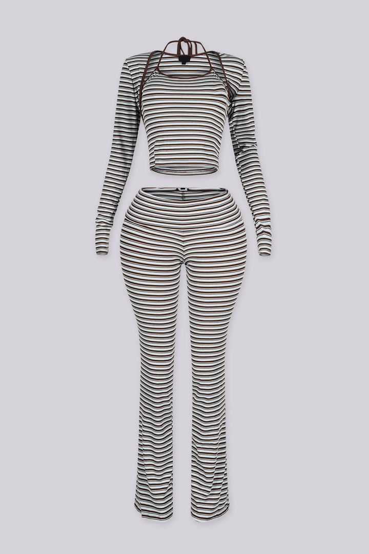 Ribbed knit fine striped halter neck tank top with long sleeves cropped bolero,
Matching flared pants with a fold over ribbed waistband