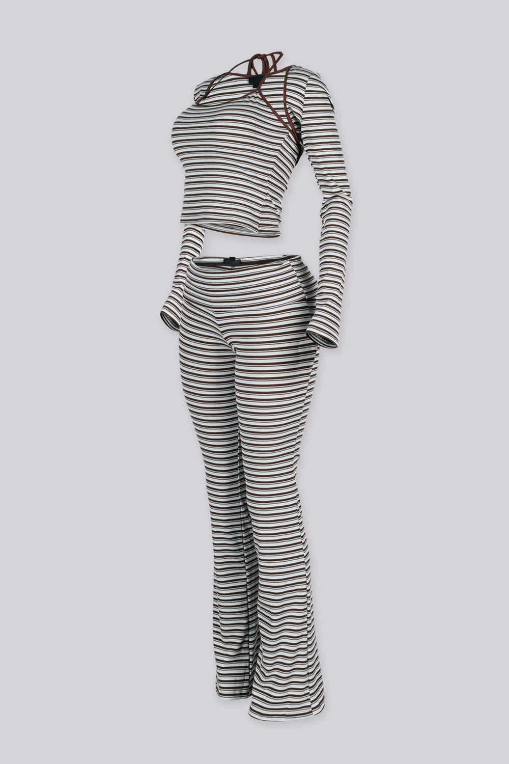 Ribbed knit fine striped halter neck tank top with long sleeves cropped bolero,
Matching flared pants with a fold over ribbed waistband