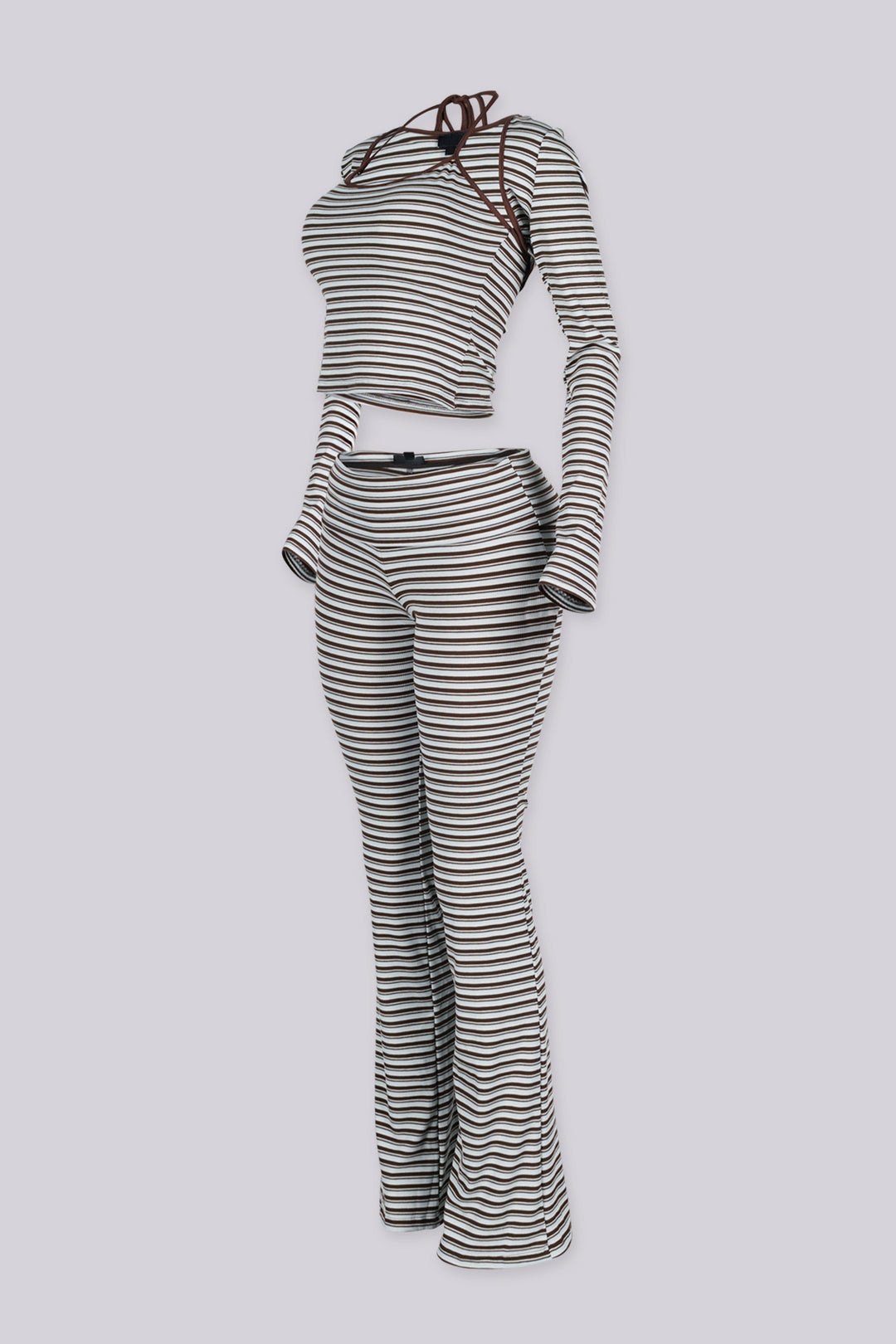 Ribbed knit fine striped halter neck tank top with long sleeves cropped bolero,
Matching flared pants with a fold over ribbed waistband