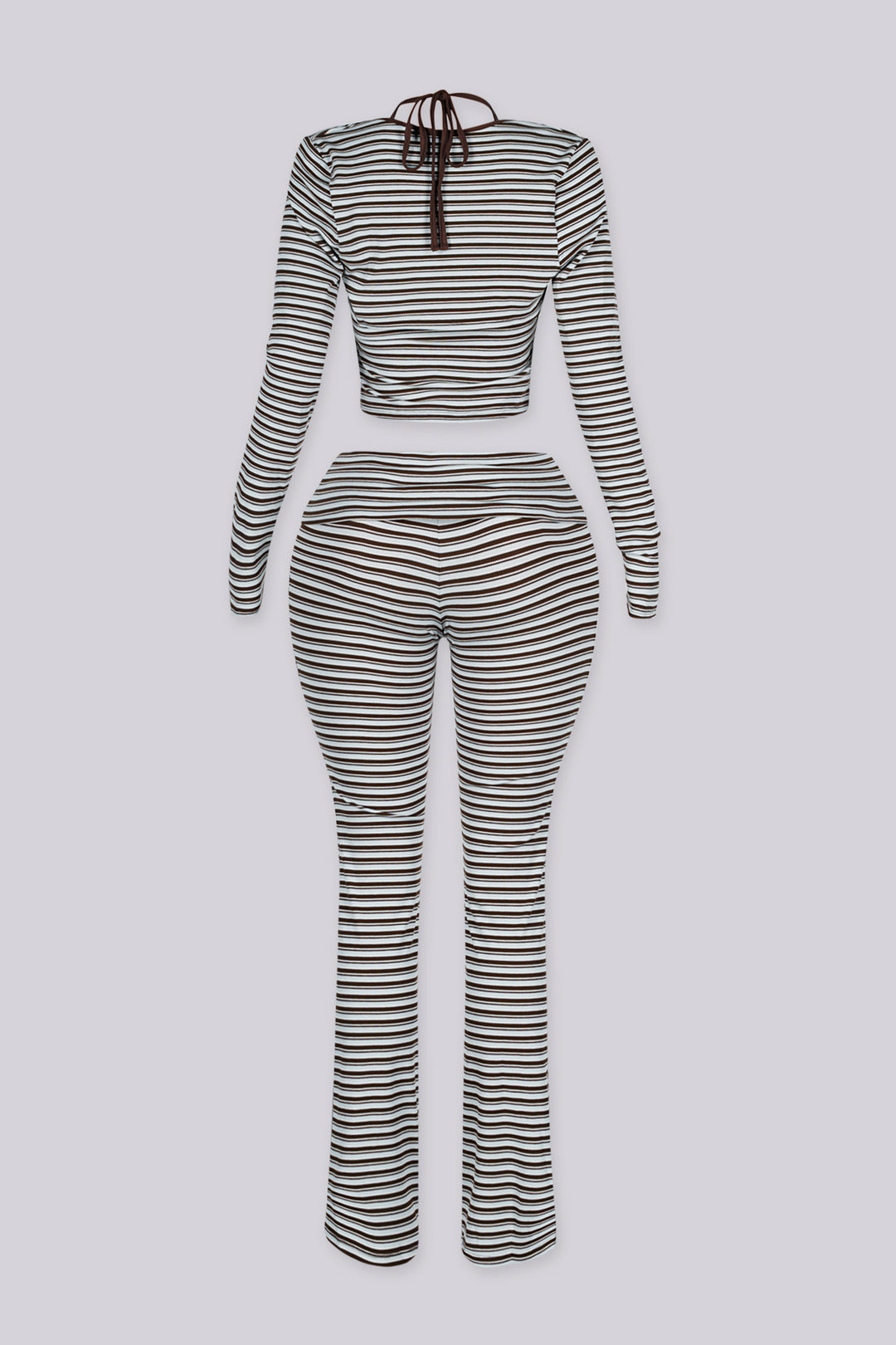 Ribbed knit fine striped halter neck tank top with long sleeves cropped bolero,
Matching flared pants with a fold over ribbed waistband