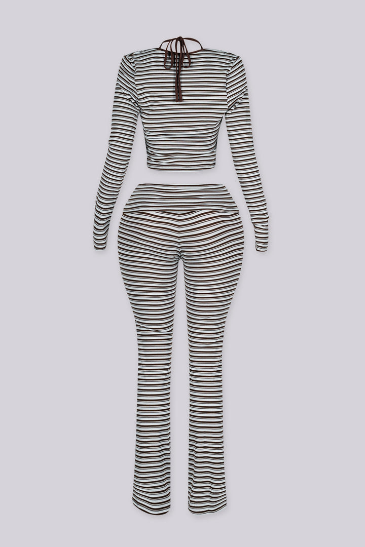 Ribbed knit fine striped halter neck tank top with long sleeves cropped bolero,
Matching flared pants with a fold over ribbed waistband