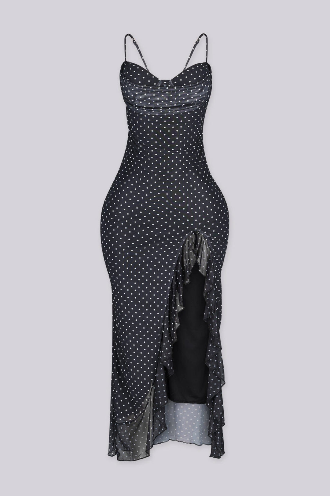 Polka dot padded bustier midi dress with side slit detail and body skimming silhouette