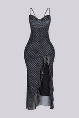 Polka dot padded bustier midi dress with side slit detail and body skimming silhouette