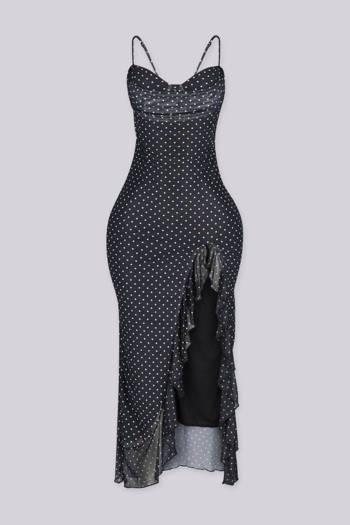Polka dot padded bustier midi dress with side slit detail and body skimming silhouette
