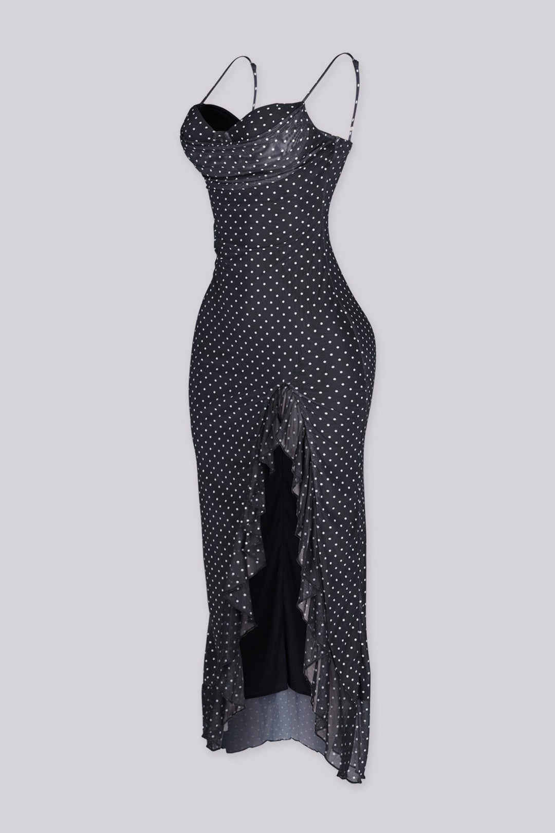 Polka dot padded bustier midi dress with side slit detail and body skimming silhouette