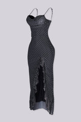 Polka dot padded bustier midi dress with side slit detail and body skimming silhouette