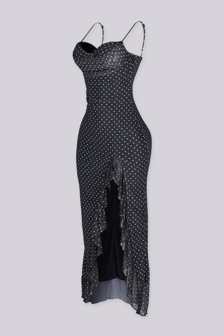 Polka dot padded bustier midi dress with side slit detail and body skimming silhouette