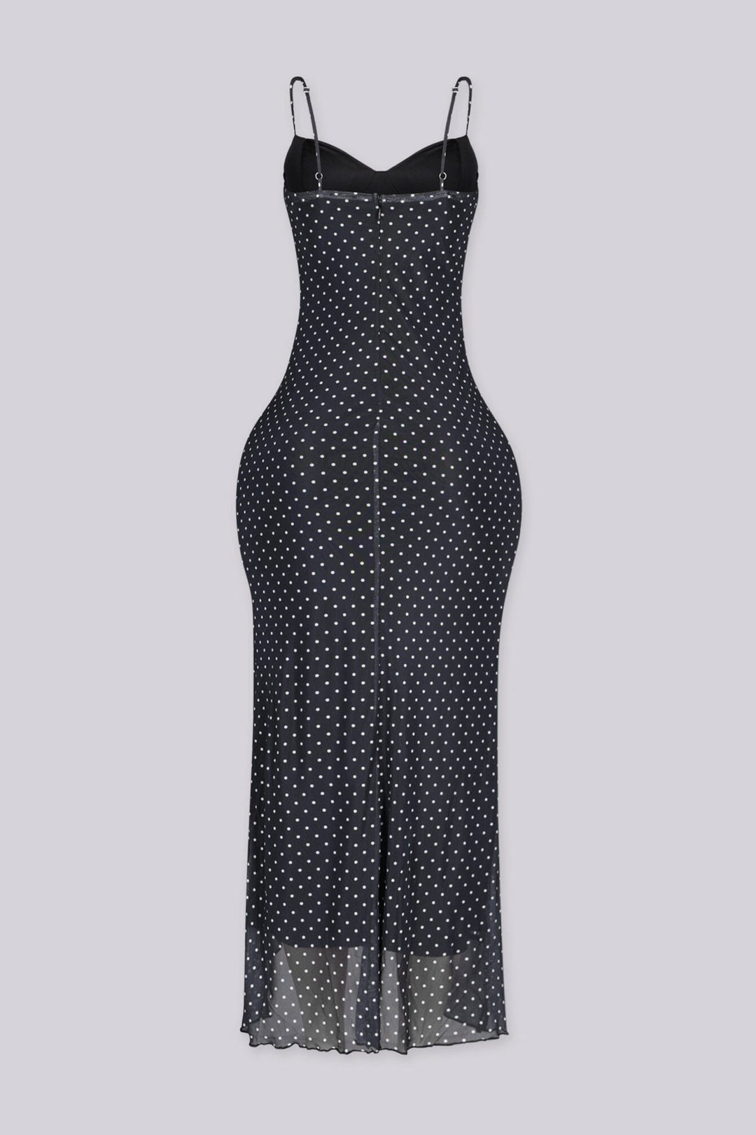 Polka dot padded bustier midi dress with side slit detail and body skimming silhouette