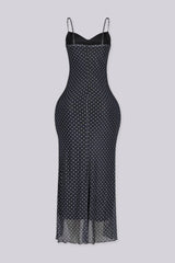 Polka dot padded bustier midi dress with side slit detail and body skimming silhouette