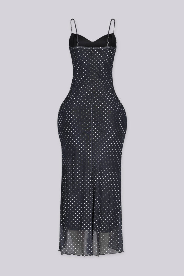Polka dot padded bustier midi dress with side slit detail and body skimming silhouette