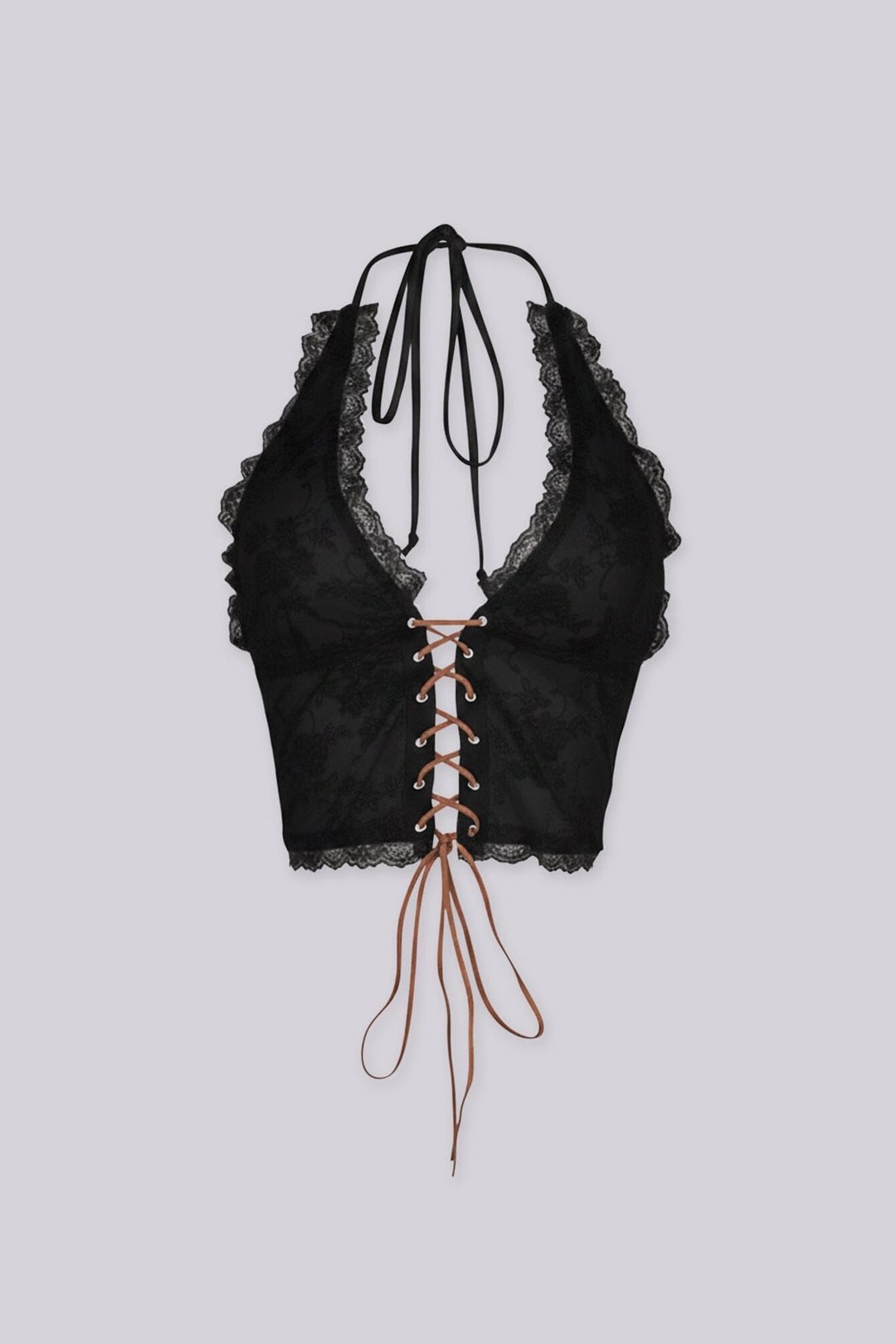 Halter neck suede lace-up top with deep V neckline
Adjustable open back design for a bold and fitted silhouette