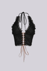 Halter neck suede lace-up top with deep V neckline
Adjustable open back design for a bold and fitted silhouette