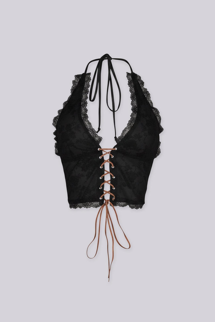 Halter neck suede lace-up top with deep V neckline
Adjustable open back design for a bold and fitted silhouette