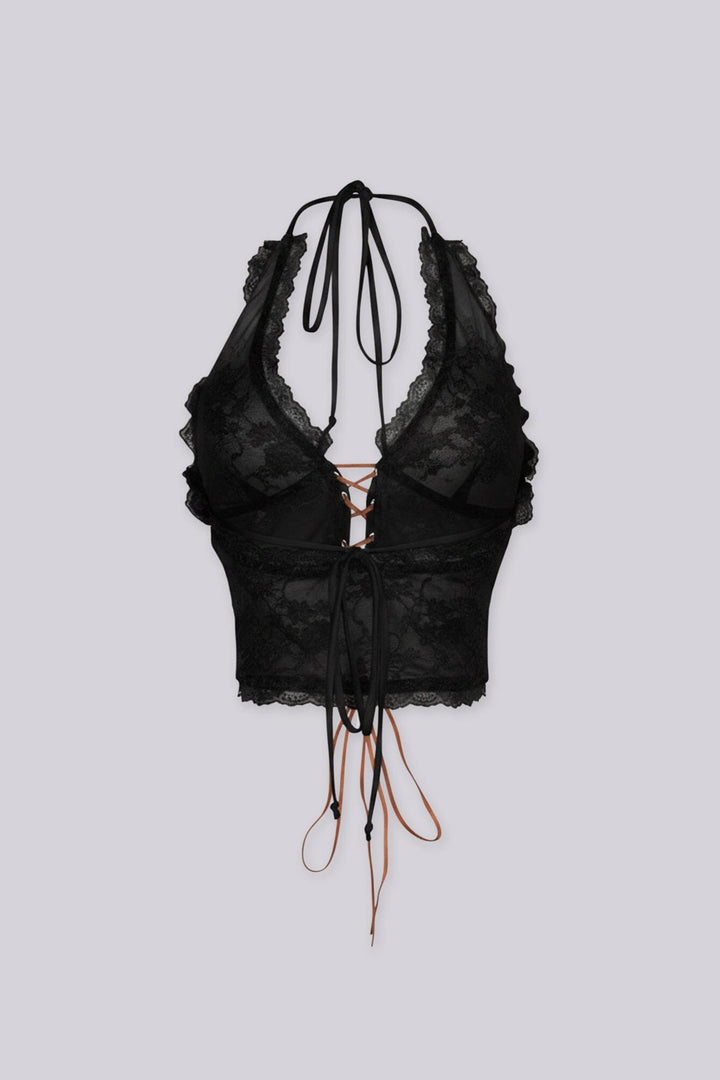 Halter neck suede lace-up top with deep V neckline
Adjustable open back design for a bold and fitted silhouette