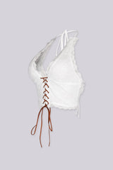 Halter neck suede lace-up top with deep V neckline
Adjustable open back design for a bold and fitted silhouette