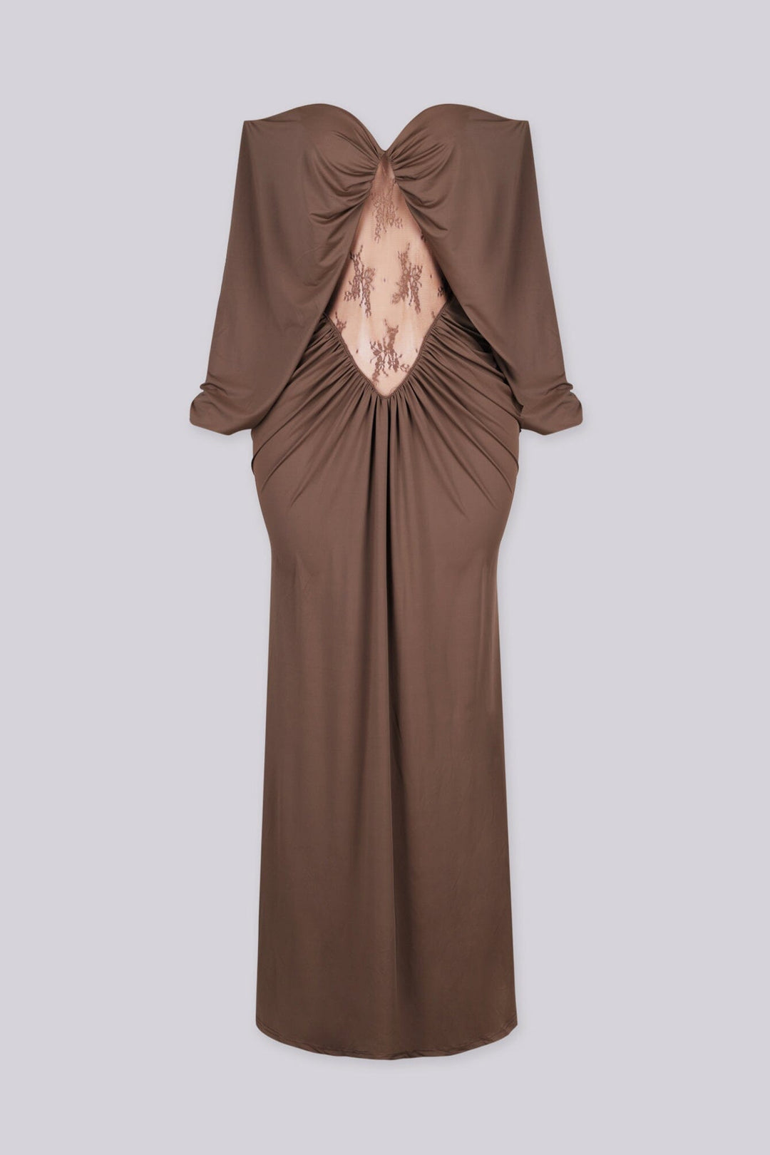 Long sleeve off shoulder maxi dress with sweetheart neckline and sheer lace center panel