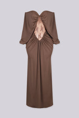 Long sleeve off shoulder maxi dress with sweetheart neckline and sheer lace center panel