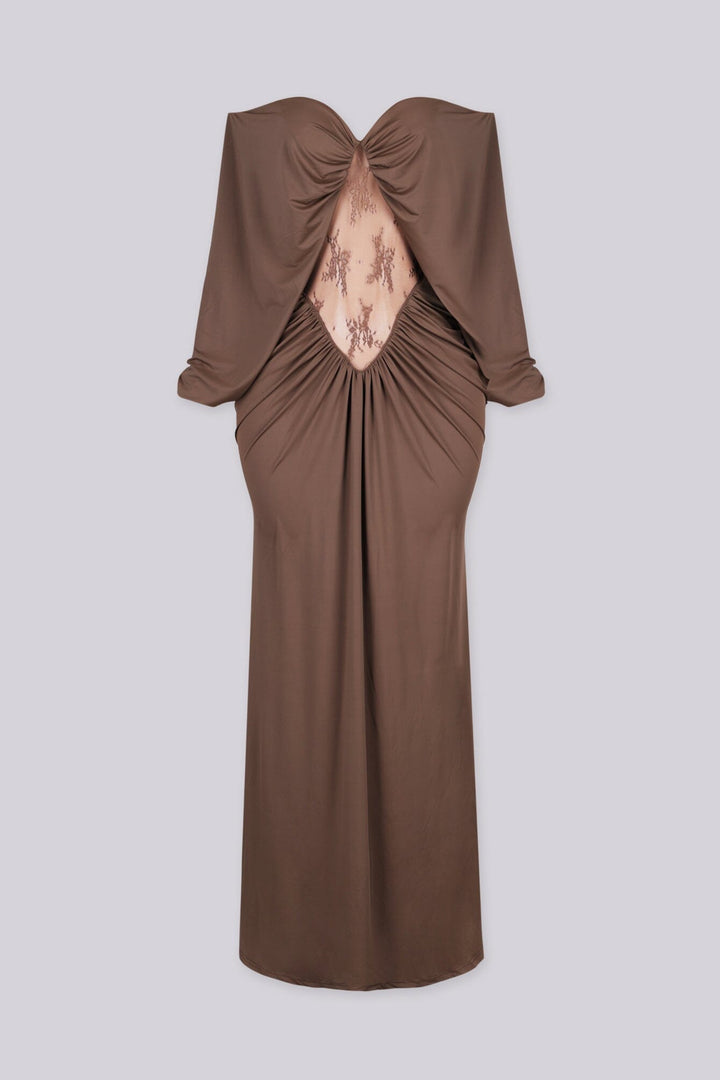 Long sleeve off shoulder maxi dress with sweetheart neckline and sheer lace center panel