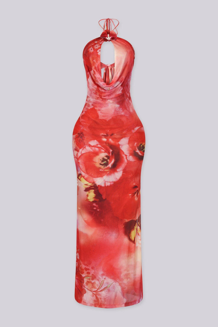 Floral print halter maxi dress with 3D tropical applique at the front neck featuring teardrop keyhole cutout detailing