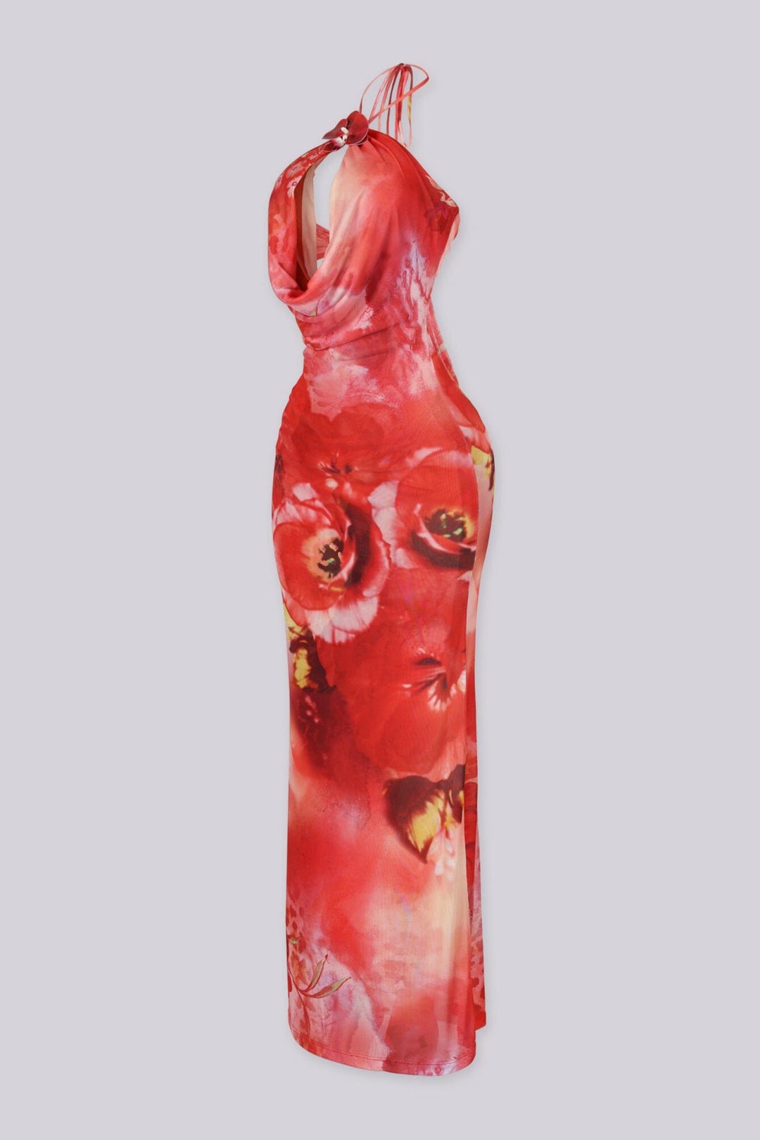 Floral print halter maxi dress with 3D tropical applique at the front neck featuring teardrop keyhole cutout detailing