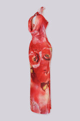 Floral print halter maxi dress with 3D tropical applique at the front neck featuring teardrop keyhole cutout detailing