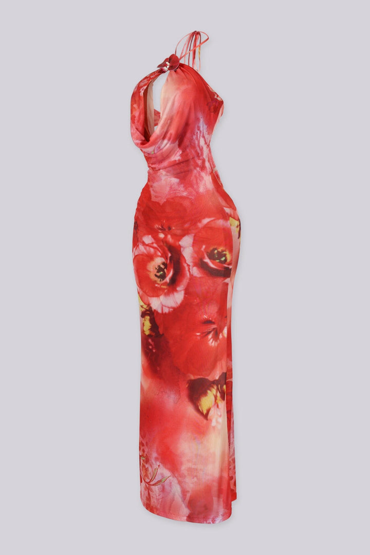 Floral print halter maxi dress with 3D tropical applique at the front neck featuring teardrop keyhole cutout detailing