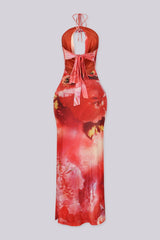 Floral print halter maxi dress with 3D tropical applique at the front neck featuring teardrop keyhole cutout detailing