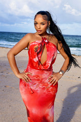 Floral print halter maxi dress with 3D tropical applique at the front neck featuring teardrop keyhole cutout detailing