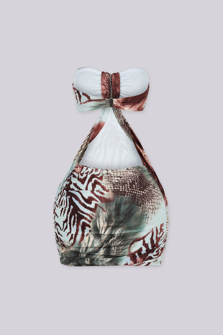 Exotic safari print tube mini dress featuring ruched details on the side
