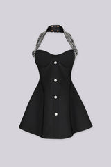 Black wide halter neck straps mini dress with fully embellished crystal detailing
Front silver metal button accents
