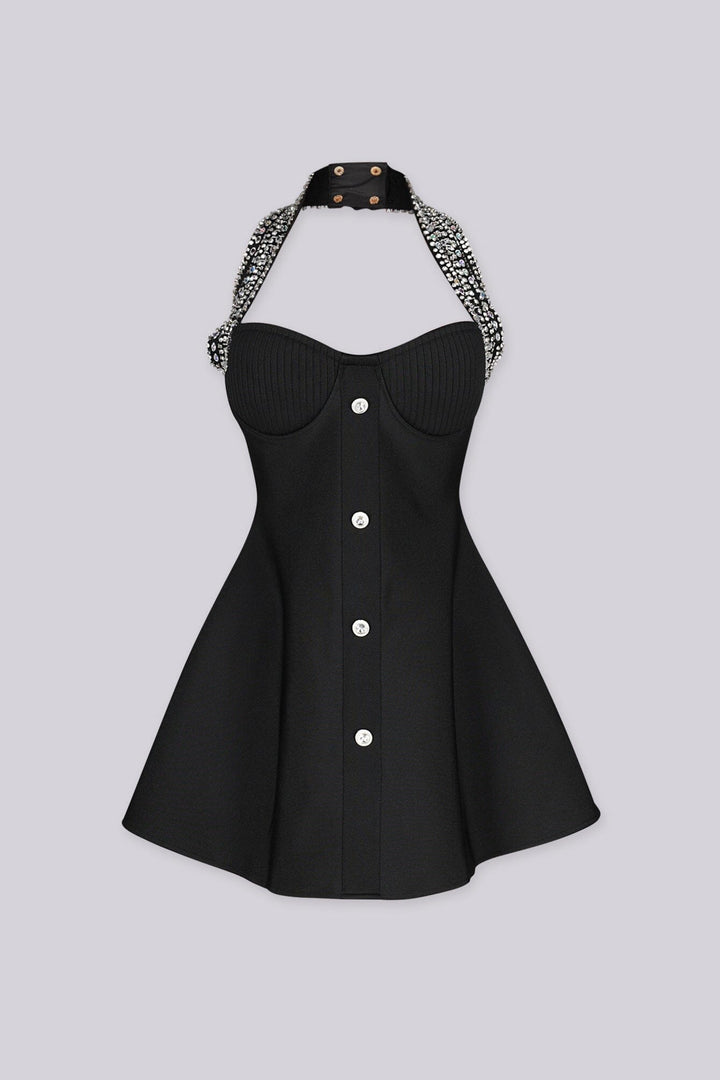 Black wide halter neck straps mini dress with fully embellished crystal detailing
Front silver metal button accents