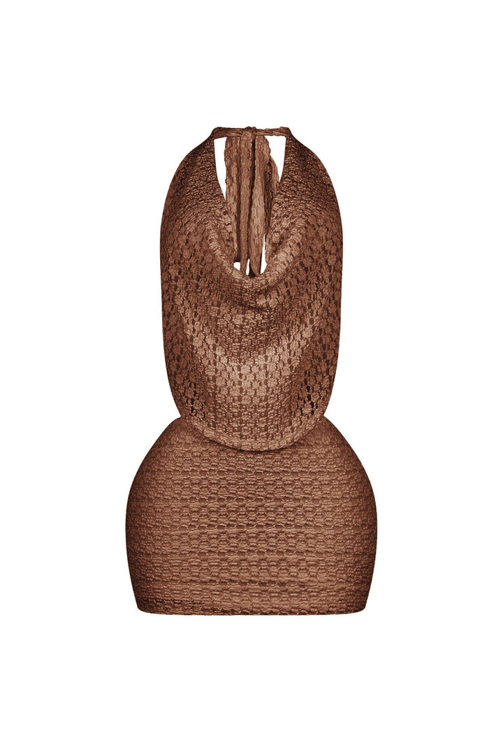 Crochet textured halter mini dress with draped cowl neckline featuring open back with self tie straps