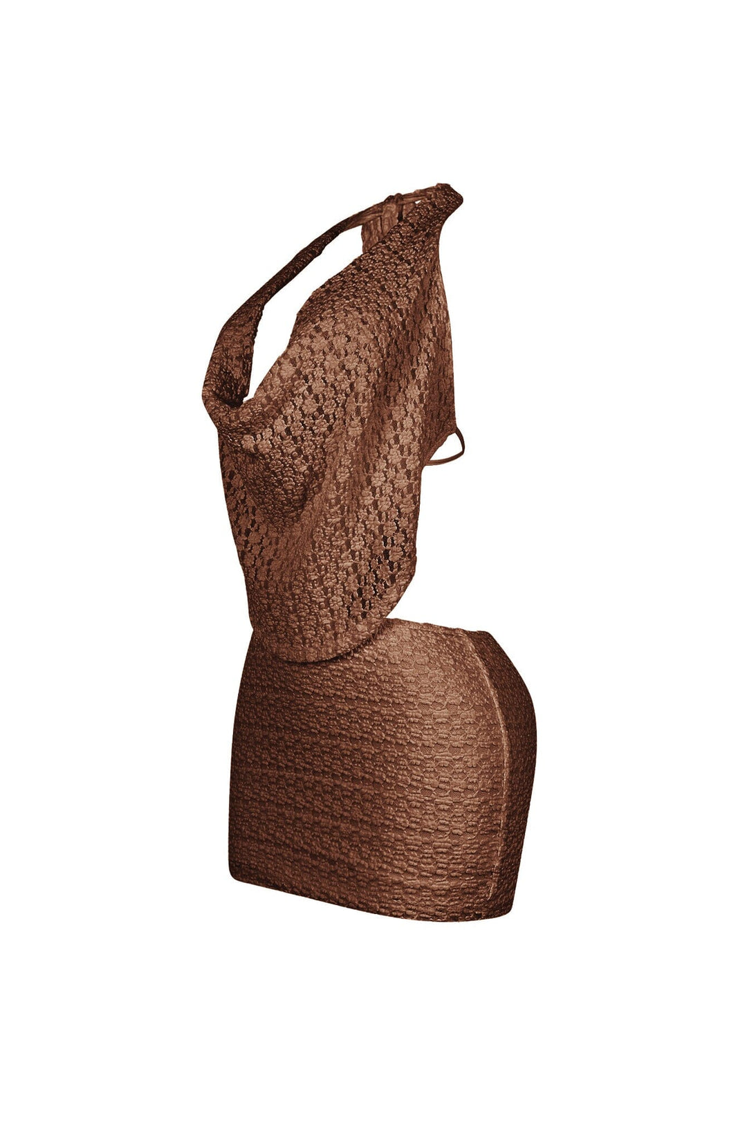 Crochet textured halter mini dress with draped cowl neckline featuring open back with self tie straps