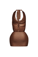 Crochet textured halter mini dress with draped cowl neckline featuring open back with self tie straps