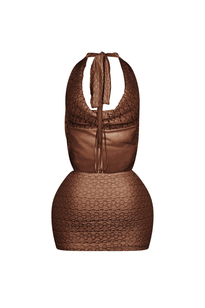 Crochet textured halter mini dress with draped cowl neckline featuring open back with self tie straps