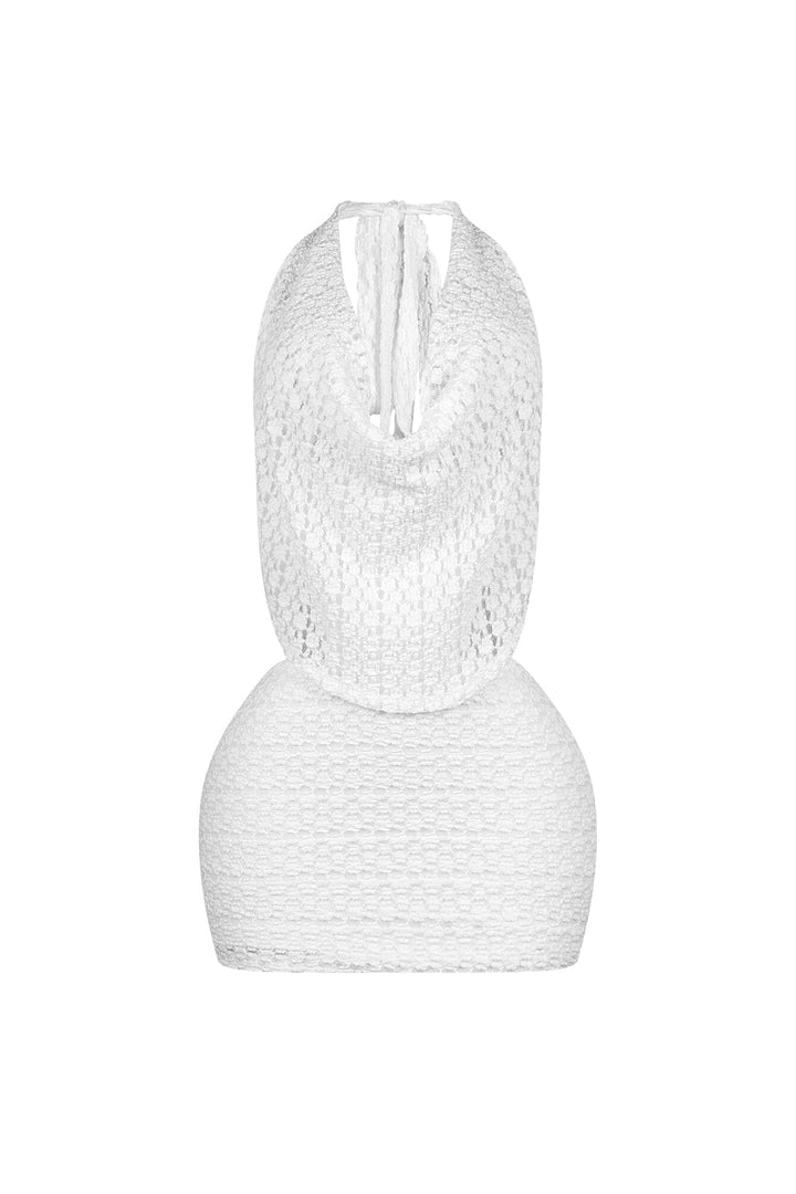 Crochet textured halter mini dress with draped cowl neckline featuring open back with self tie straps