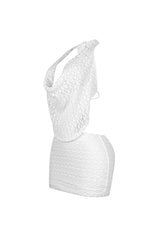 Crochet textured halter mini dress with draped cowl neckline featuring open back with self tie straps