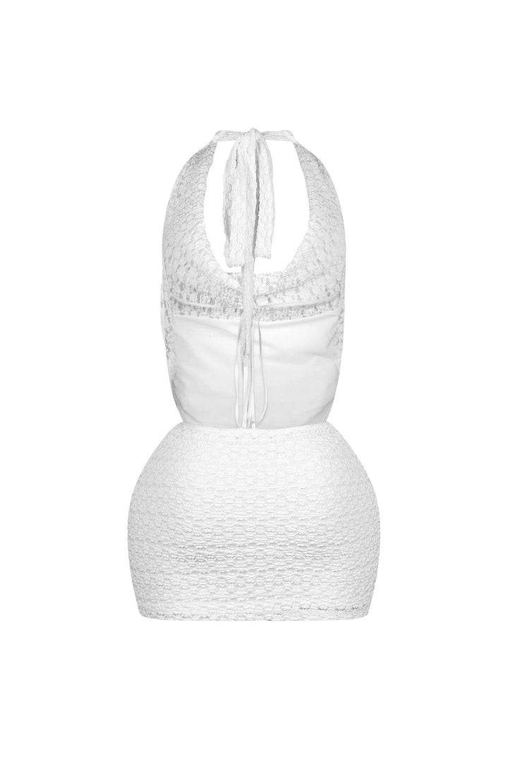 Crochet textured halter mini dress with draped cowl neckline featuring open back with self tie straps
