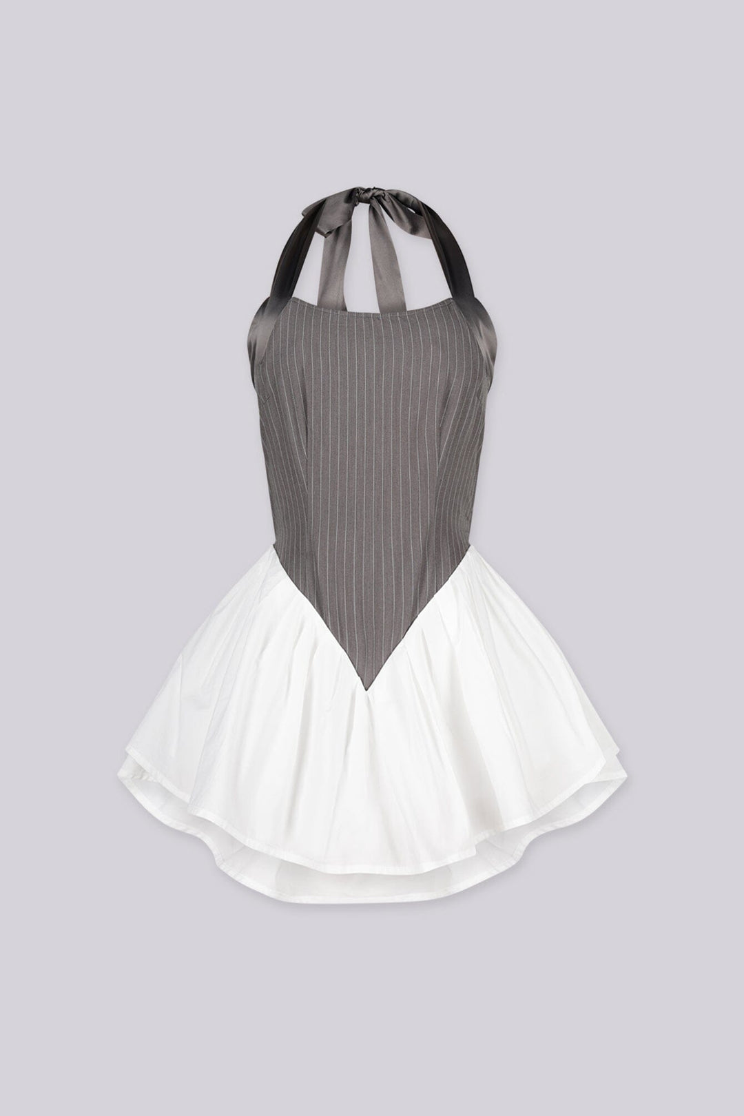 Pinstripe halter neck mini dress with V shaped basque waist featuring pleated ruffled skirt