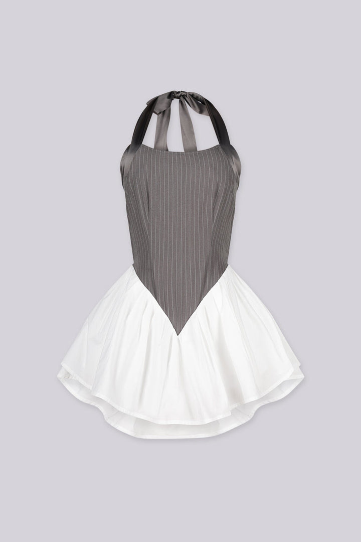 Pinstripe halter neck mini dress with V shaped basque waist featuring pleated ruffled skirt