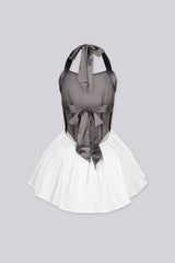 Pinstripe halter neck mini dress with V shaped basque waist featuring pleated ruffled skirt