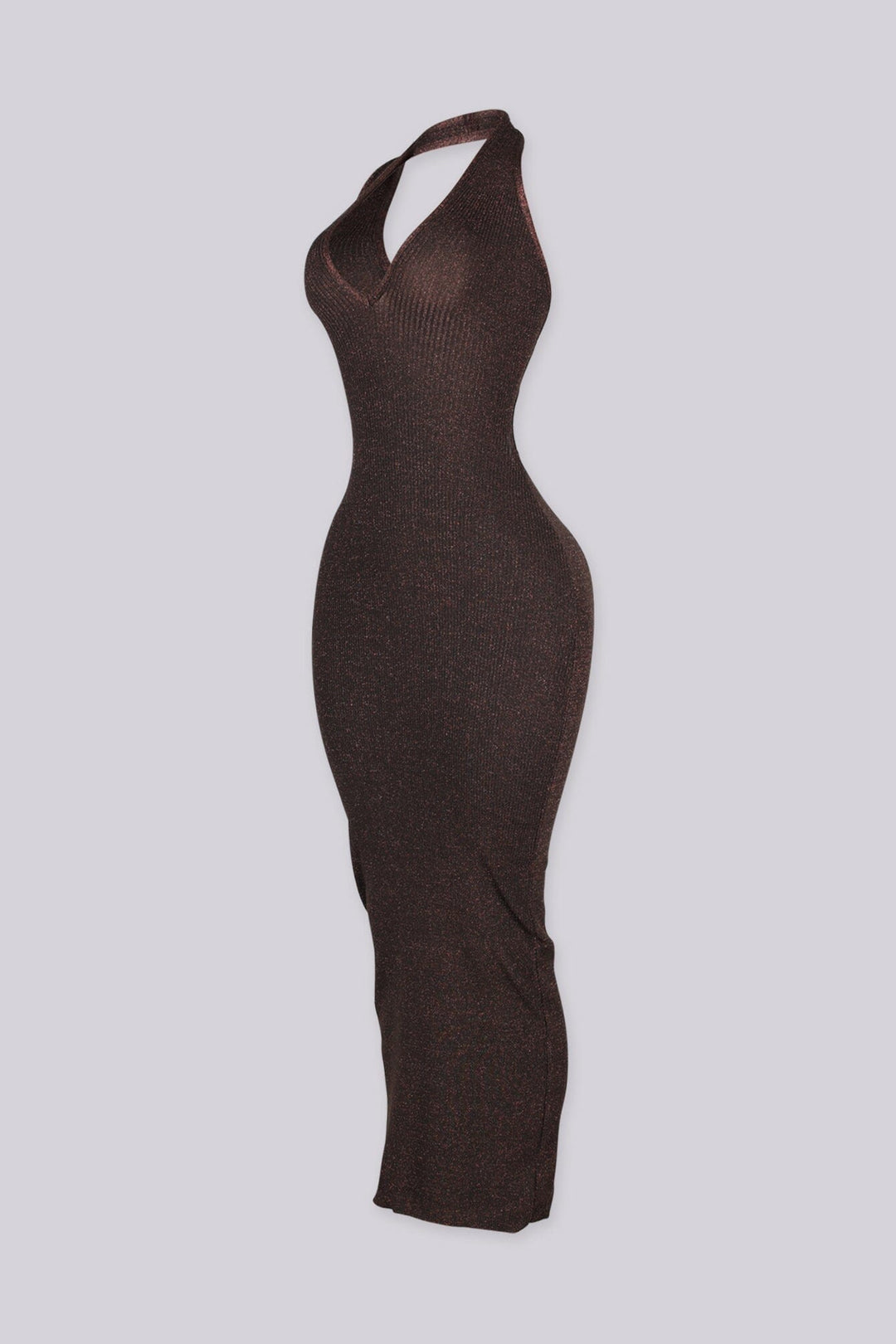 Mahogany Shimmer Ribbed Knit Halter Midi Dress