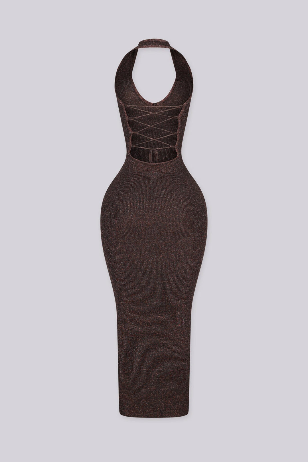 Mahogany Shimmer Ribbed Knit Halter Midi Dress