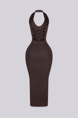 Mahogany Shimmer Ribbed Knit Halter Midi Dress