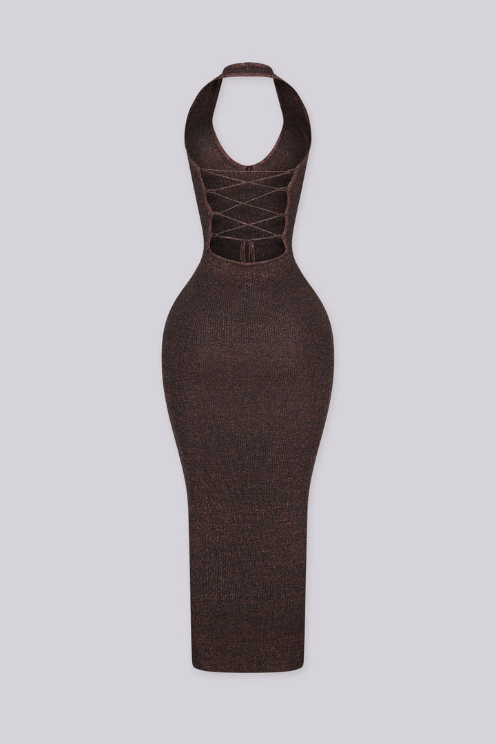 Mahogany Shimmer Ribbed Knit Halter Midi Dress