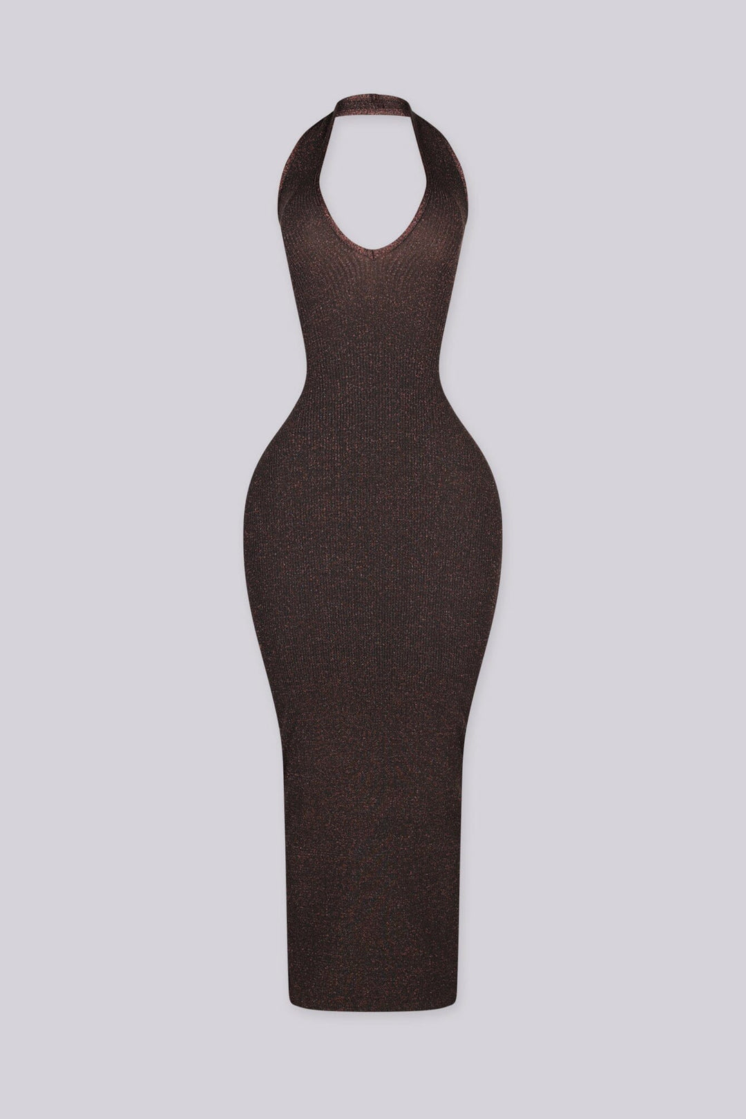 Metallic ribbed knit fitted bodycon dress with plunging neckline and open lace up back