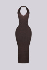 Metallic ribbed knit fitted bodycon dress with plunging neckline and open lace up back