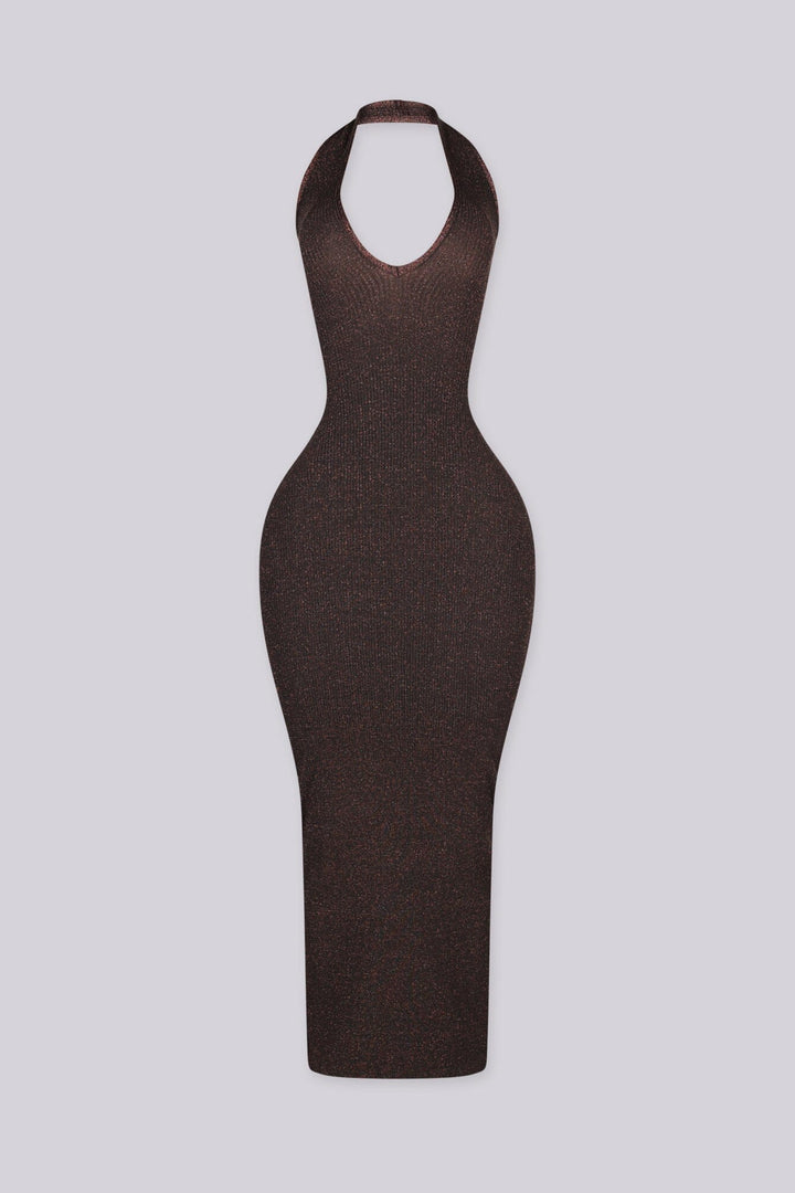 Metallic ribbed knit fitted bodycon dress with plunging neckline and open lace up back