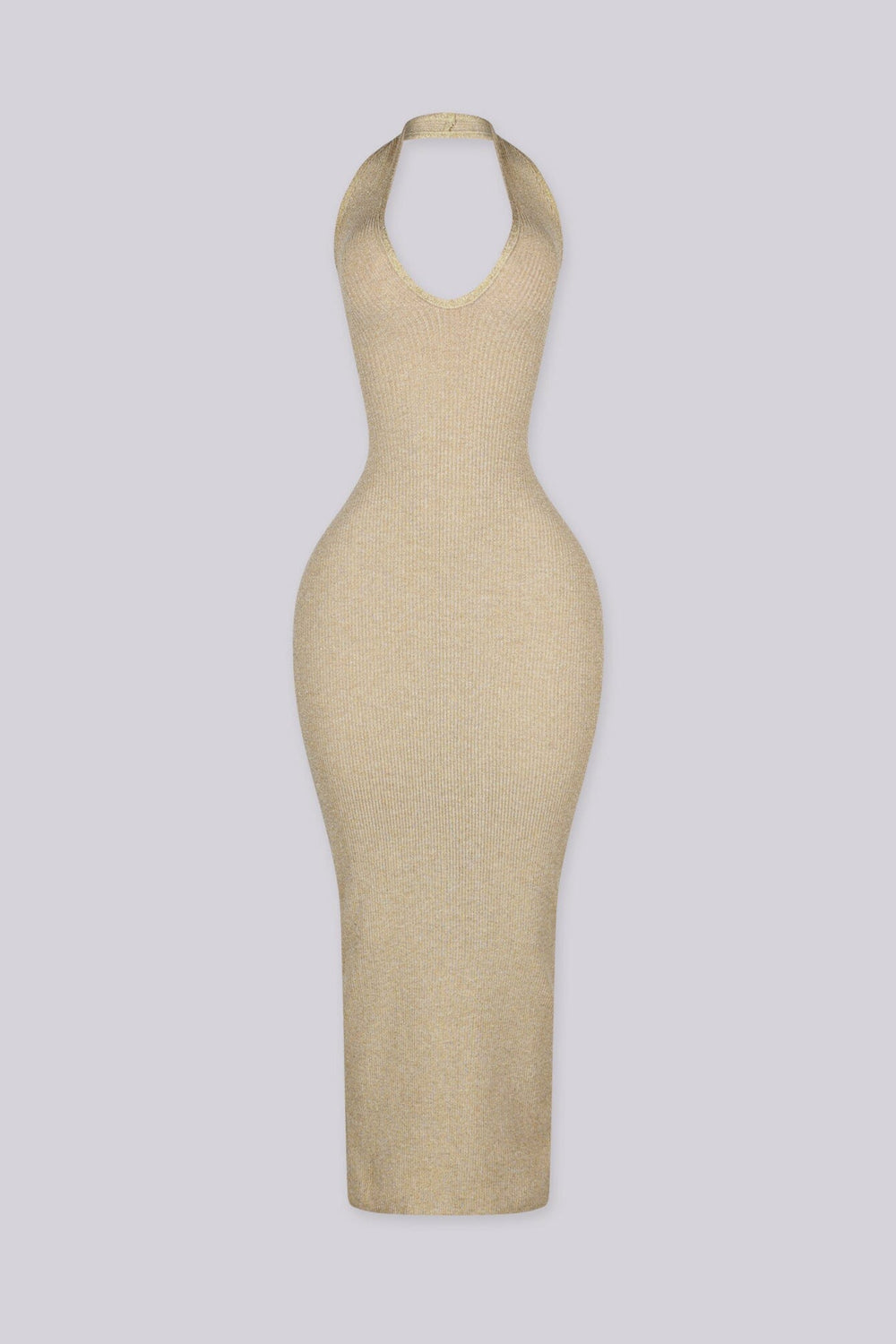 Metallic ribbed knit fitted bodycon dress with plunging neckline and open lace up back