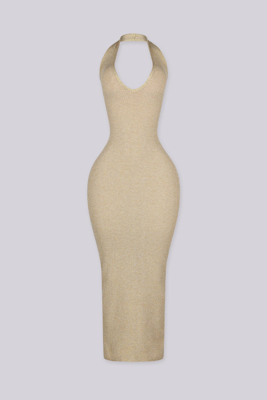 Metallic ribbed knit fitted bodycon dress with plunging neckline and open lace up back